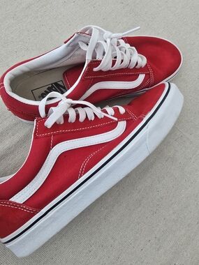 VANS Old Skool Red White Mens 9 Womens 10.5 Canvas Sneakers Classic skate Shoes